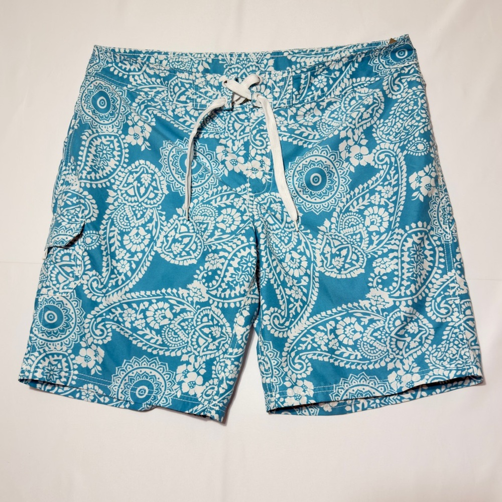 Kami‎ Surf Blue & White Paisley Board Shorts Drawstring Waist Size 14 Excellent